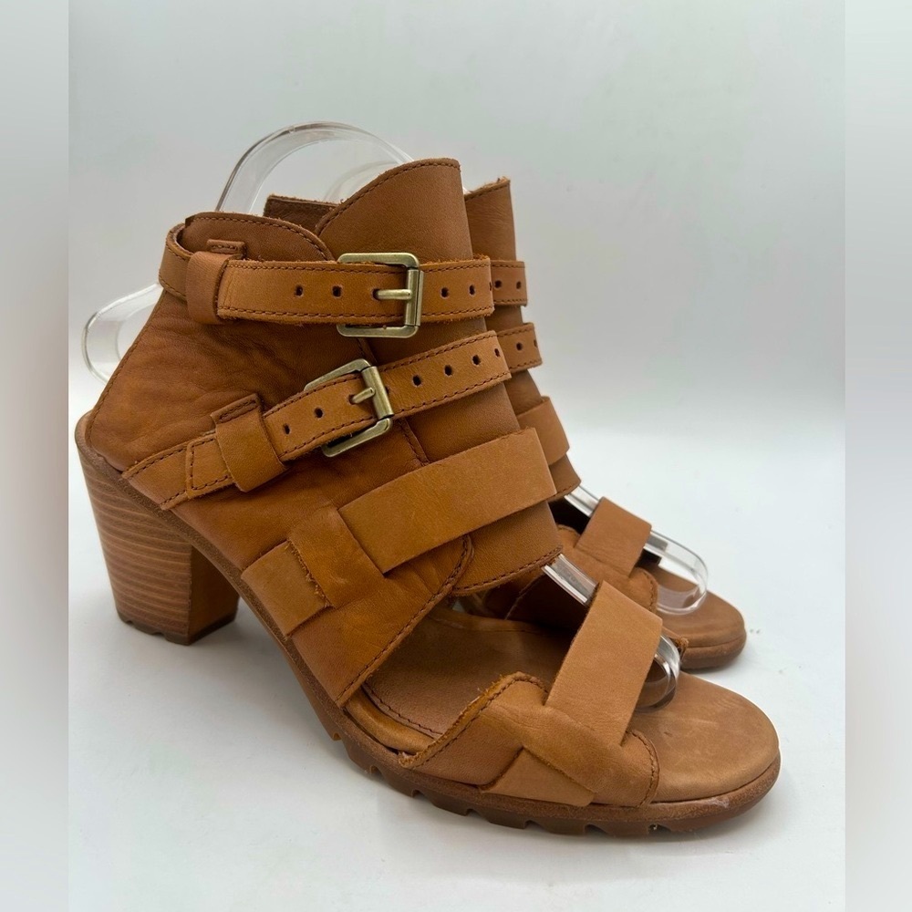 NEW Sorel Nadia Buckle Heel Sandal Camel Brown Leather Boho Chunky Size 8.5 - Picture 5 of 13